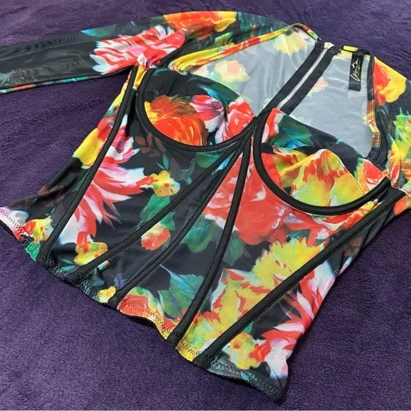 Multicolor Floral Mesh Long Sleeve Corset Top Size M - Picture 3 of 5